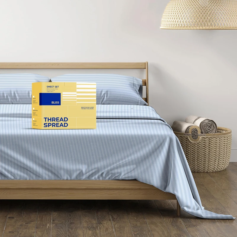 600 Thread Count King Size Striped Sheet Set - 100% Cotton Damask Sheets - Silky & Soft Like Egyptian Cotton - Deep Pocket Sateen Weave 4Pc Bed Sheets - Hotel Quality Sheet for King Beds - Navy Blue