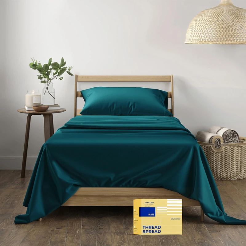 THREAD SPREAD 100% Egyptian Cotton Twin Size Sheets Set - 3 PC 600 Thread Count Egyptian Cotton Bed Sheets Twin Size (Teal), Extra Soft, Cooling, 16" Deep Pocket Sateen Weave Luxury Hotel Bedsheet