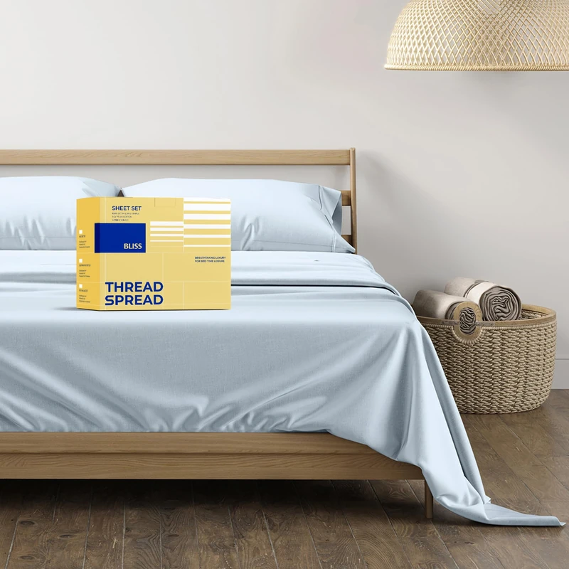 THREAD SPREAD 600 TC Full Size Bed Sheet Set - 100% Cotton - Silky & Soft Like Egyptian Cotton - Fits Mattress Up To 18'' DEEP Pocket, Sateen Weave 4Pc Set - Light Blue