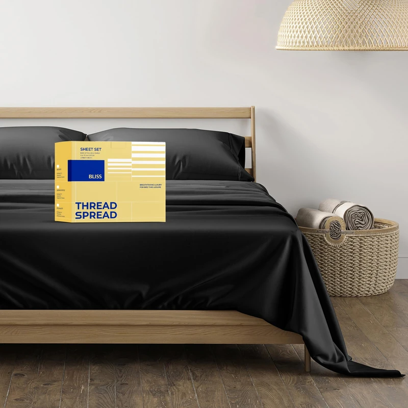 THREAD SPREAD 100% Cotton King Size Sheet Set - 4 Piece Set - Hotel Luxury Bed Sheets - Deep Pocket - Easy Fit - Breathable & Cooling Sheets - Comfy - 600 Thread Count Sateen Weave Black Bedsheets