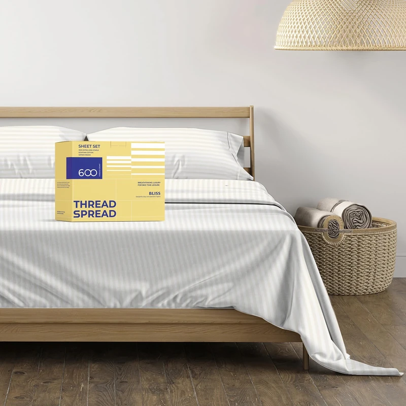 600-TC Egyptian Quality 100% Cotton Striped Sheets - Luxury King Size Cooling Damask Bed Sheets for Hot Sleepers - Sateen Weave - Deep Pocket - 4 Pc Best Hotel Sheets for King Beds - Ivory