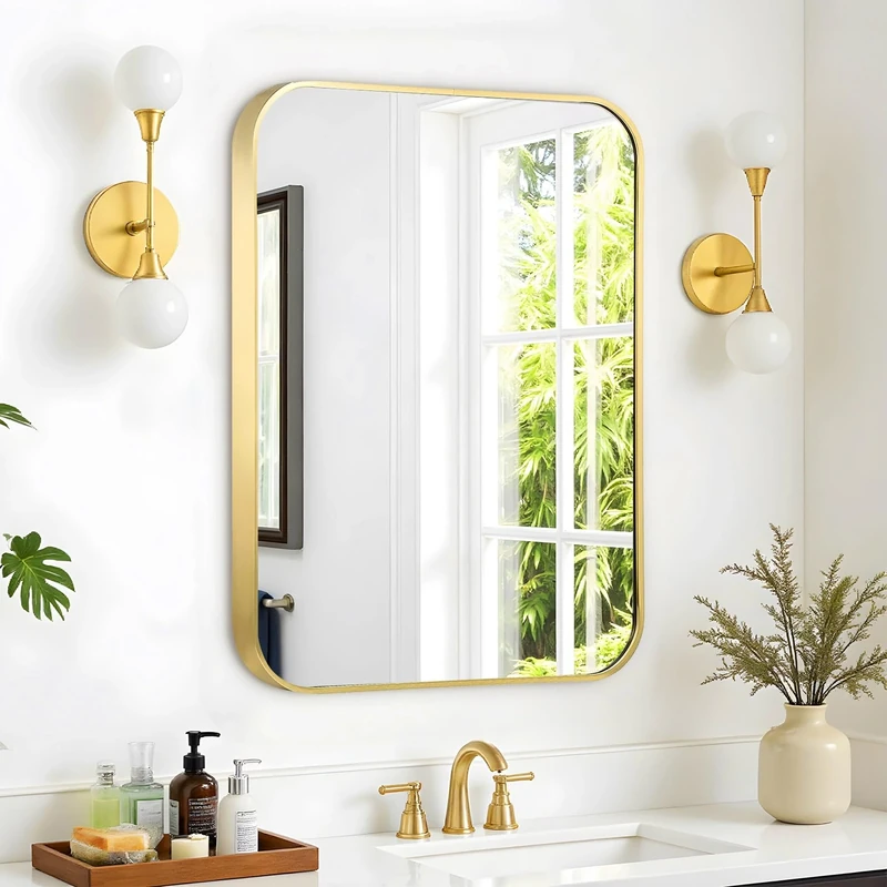Umzodo 24"x36" Brushed French Gold Metal Framed Rounded Rectangle Mirror, Gold Wall Mounted Mirrors for Bathroom Entryway Vanity Living Room Bedroom, Vertical or Horizontal