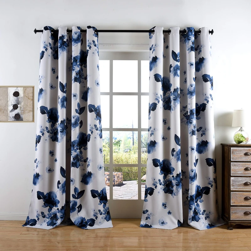 Taisier Home 108 Inch Grommet Room Darkening Window Curtain Drapes, Chinese Traditional Ink Painting Stylized Leaves and Flower,Artwork,Deep Blue Print Curtains for Living Room Bedroom and Nursery