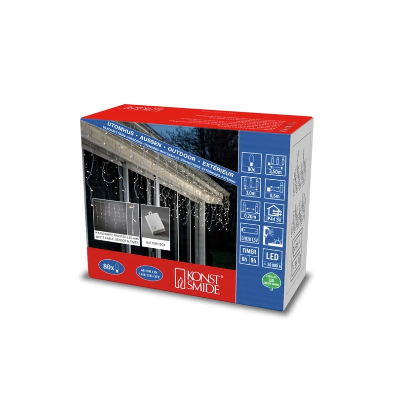 Konstsmide LED Icicle Light Curtain with Light Sensor and 6 Hour and 9 Hour Timer, Frosted, 80 Warm White Diodes, Battery Operated, Outdoor (IP44), White Cable, 3739-132