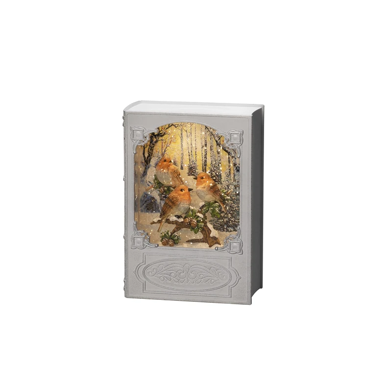 Konstsmide LED Snow Globe Christmas Book with Robins/Water Filled/Christmas Decorations Indoor Battery Lights/Timer/Battery Operated: 3xAA 1.5V (excl.) or USB (Inc), White