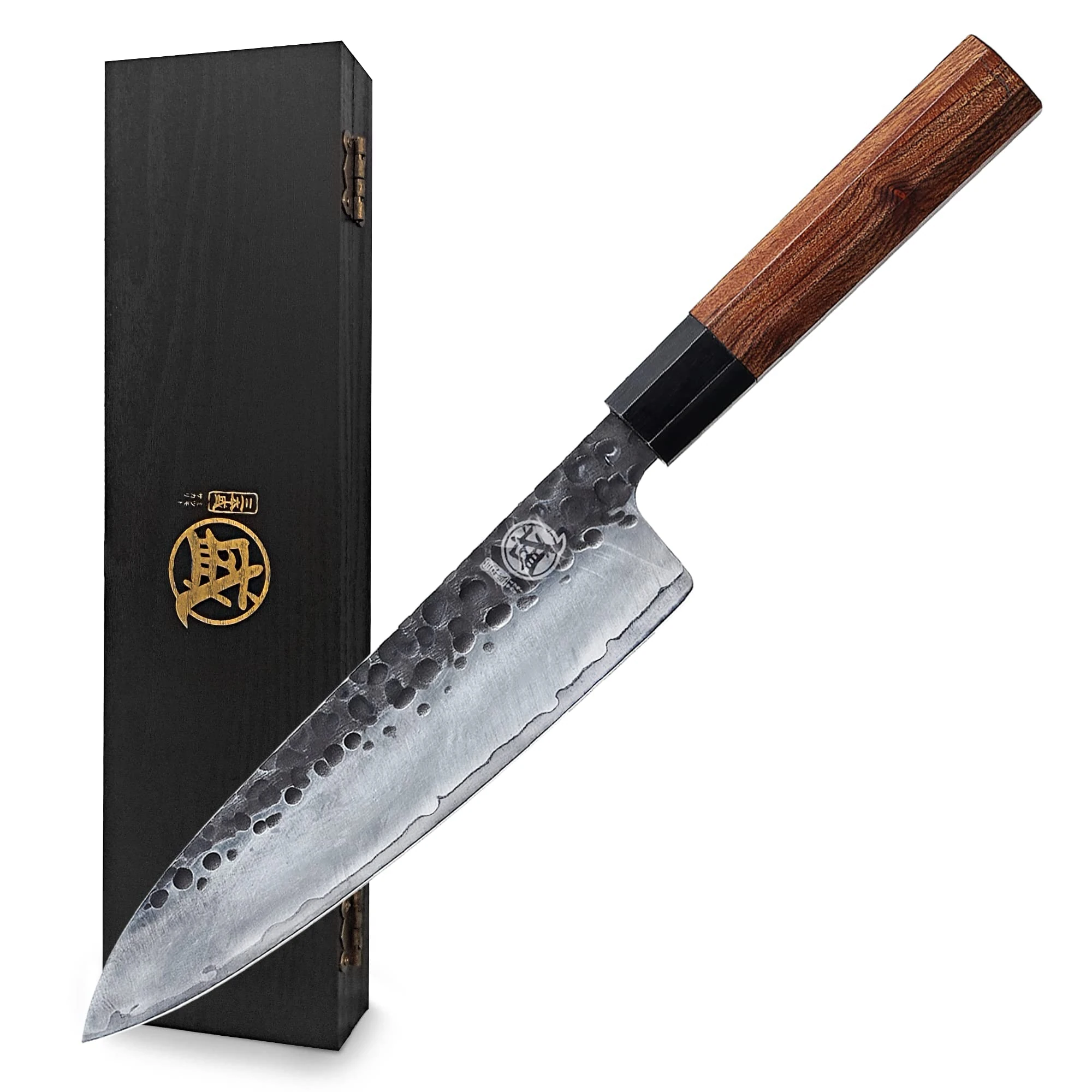 MITSUMOTO SAKARI Professional Hand Forged Kitchen Chef Knife, 8 inch Japanese Kitchen Gyuto Knife, 3 Layers High Carbon Kitchen Knife (Rosewood Handle & Sandalwood Box)