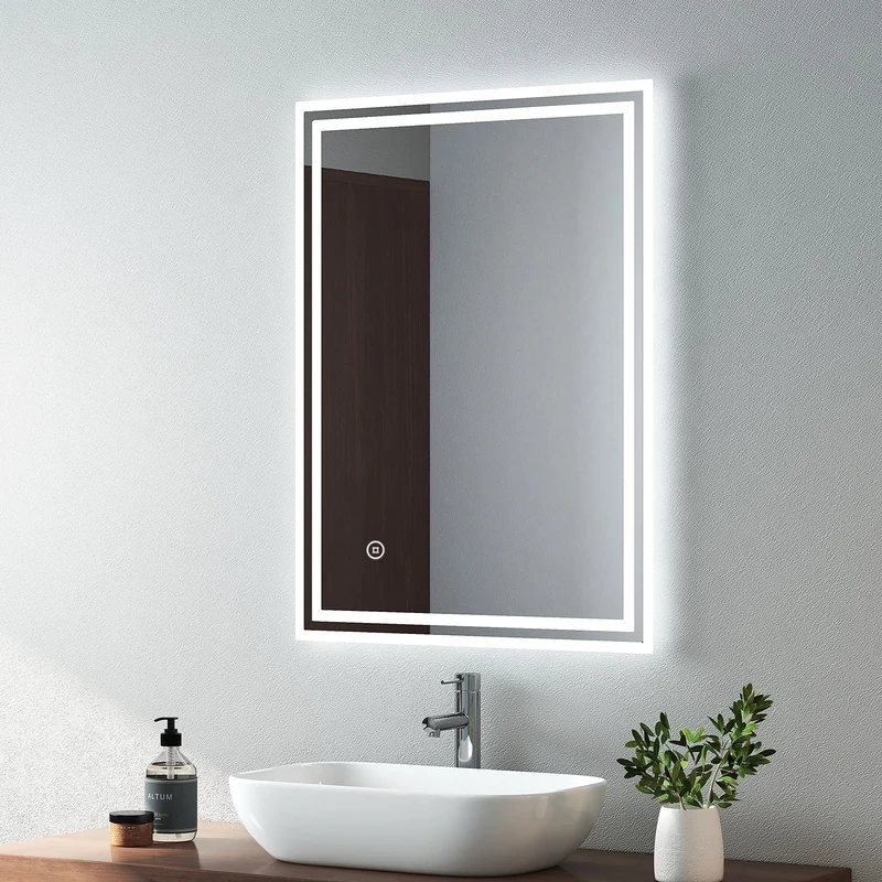 EMKE Bathroom Vanity Mirror with LED Lights, Frameless LED Wall-Mounted Backlight Bathroom Mirrors with Demister Pad, Touch Switch, Vertical & Horizontal, 800 x 600 mm
