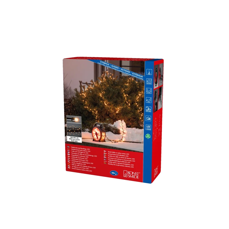Konstsmide Micro LED Cable Reel Christmas Fairy Lights/Outdoor or Indoor (IP44) Plug in / 400 Amber White Diodes Cluster/Black Cable String Lights