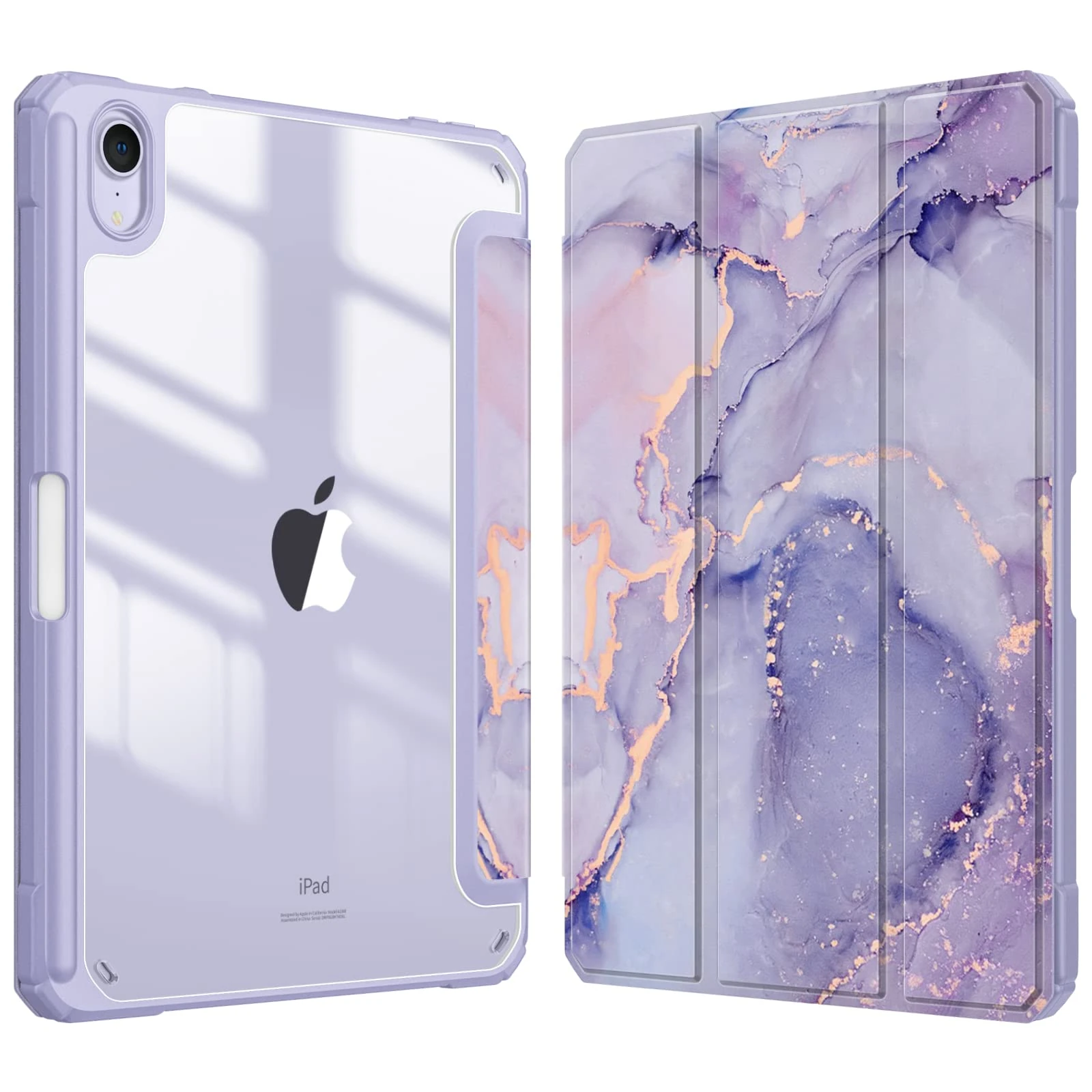 FINTIE Hybrid Case for iPad Mini 7 (A17 Pro) 2024 / iPad Mini 6 (2021) 8.3 Inch - Clear Shockproof Cover with Pencil Holder, Auto Wake/Sleep, Lilac Marble