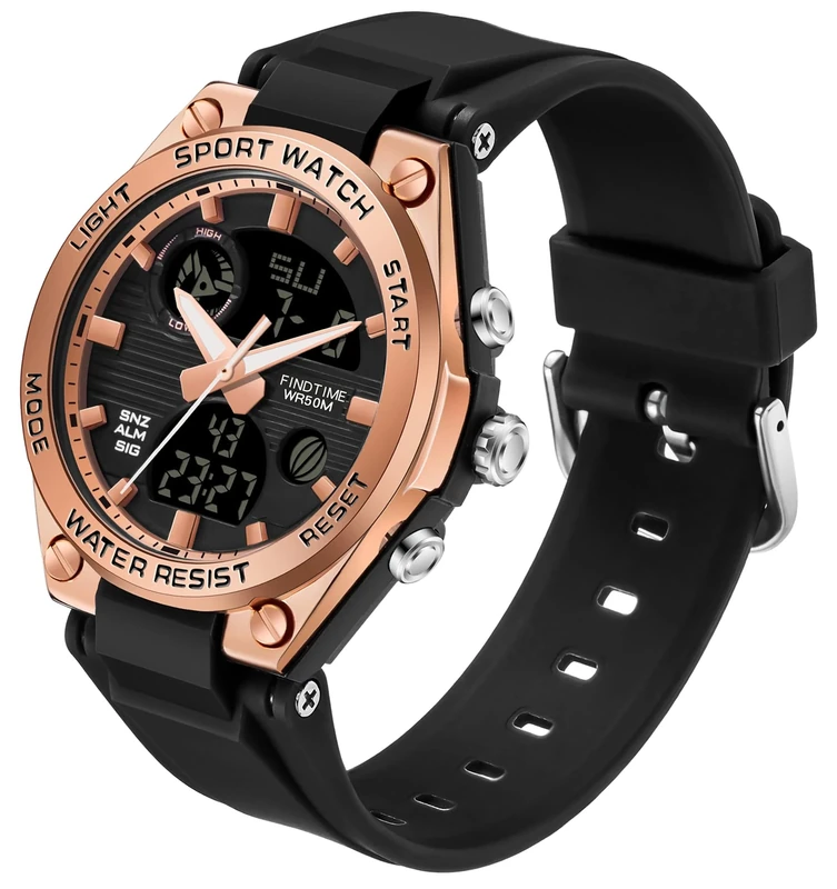 findtime Ladies Sport Digital Watches Wrist Watch for Women with Waterproof Dual Time Date Luminous Back Light Week Alarm Stopwatch White Black Blue Green (BlackRosegolden)