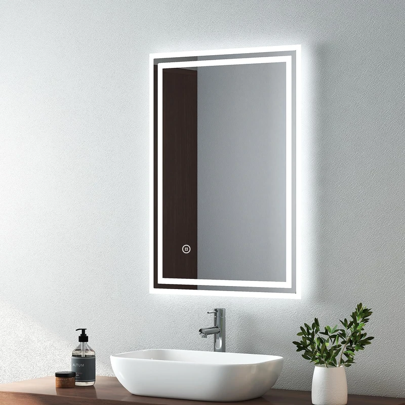 EMKE Bathroom Vanity Mirror with LED Lights, Frameless LED Wall-Mounted Backlight Bathroom Mirrors with Demister Pad, Touch Switch, Vertical & Horizontal, 500 x 700 mm