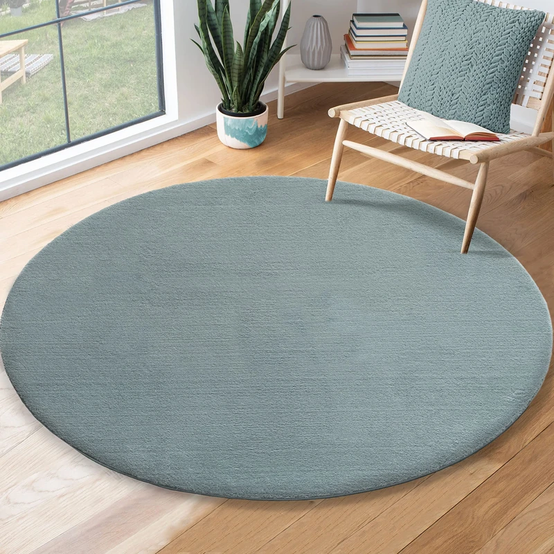 the carpet Relax Modern Fluffy Short Pile Rug, Non-Slip Underside, Washable up to 30 Degrees, Super Soft, Fur Look, Blue, 200 x 200 cm Round
