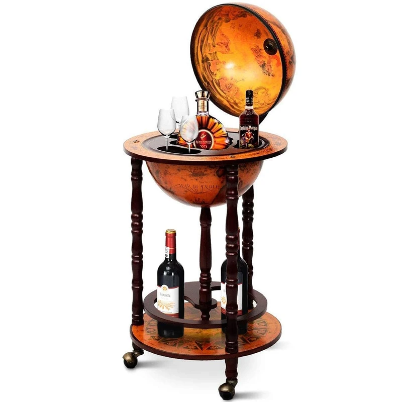 COSTWAY Wooden Globe Bar on Wheels, Bar Trolley, Home Bar, Wine Rack 45 x 45 x 88 cm, Brown, Approx. 45 x 45 x 88 cm (L x W x H)