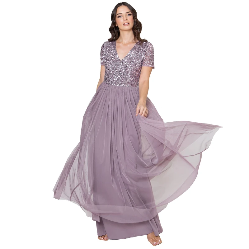 Maya Deluxe Women's Ladies Dress for Wedding Guest Plus Size Empire High Waist Sequins Short Sleeve Evening Bridesmaid, Moody Lilac, 8