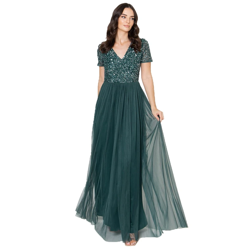 Maya Deluxe Women's Ladies Dress for Wedding Guest Plus Size Empire High Waist Sequins Short Sleeve Evening Bridesmaid, Emerald Green, 10
