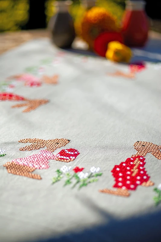 Vervaco Pre-Printed Cross Stitch Kit Tablecloth Easter Rabbits in a Garden Tulips Embroidery Complete Kit Adult Creative Home Decoration Manual Table Cadeou DIY Approx. 80 x 80 cm - Image 1