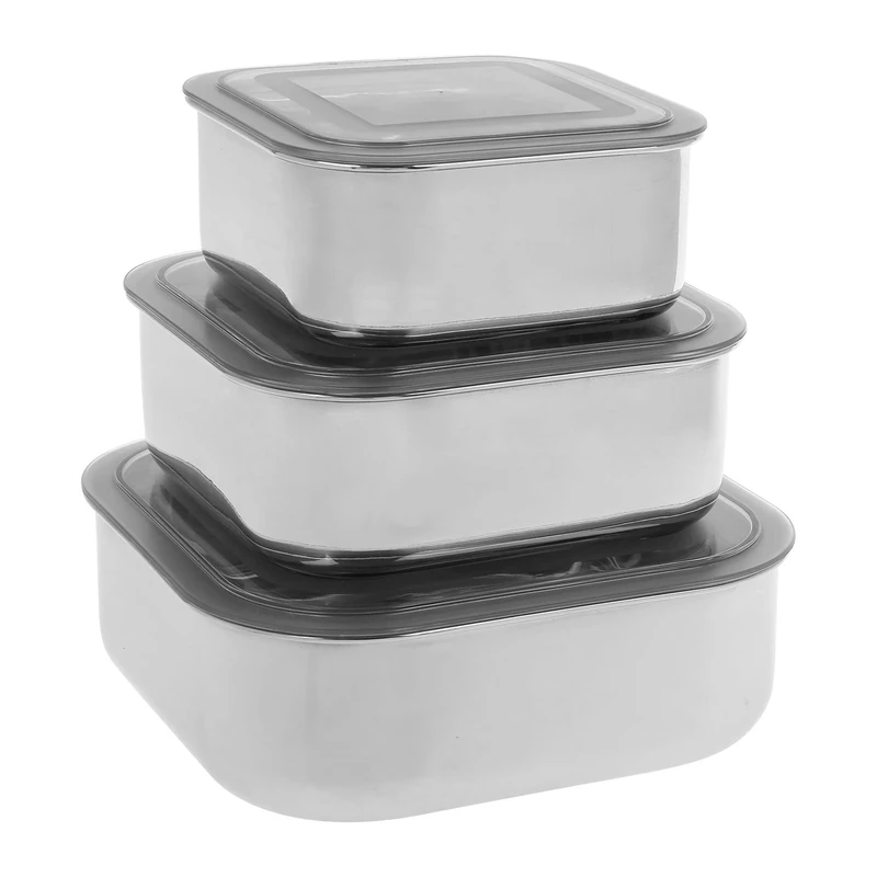 Equinox, Set of 3 Storage Containers, Food Storage, Kitchen Organization, 600-900-1500 ml, Stainless Steel with Airtight Plastic Lids - Image 1