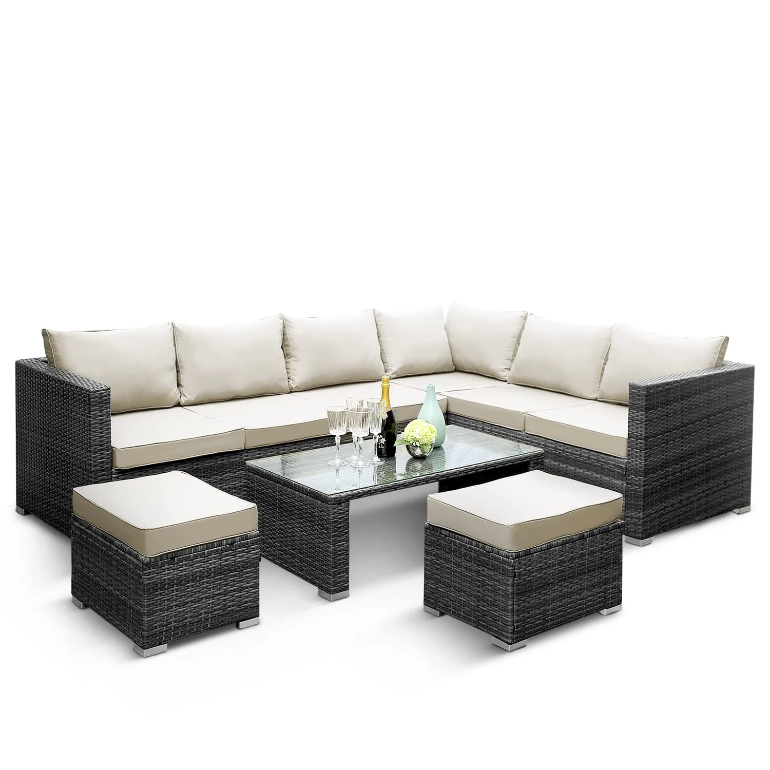 KEPLIN 9pc Corner Rattan Garden Furniture Set – Corner Garden Furniture Patio Set for Lawn, Patio, Inside Conservatory – Ideal for Dining in the Sun (Black)