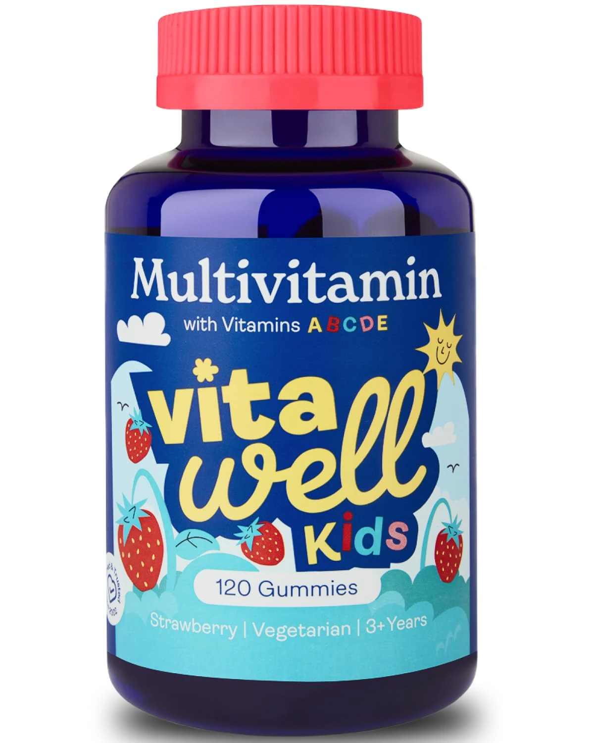 Vitawell Kids Multivitamin Gummies - 120 Natural Strawberry Flavour (4 Month Supply) | Chewable Kids Multivitamin Chews | Vitamin D3, A, E, C, B6, B12 | No Artificial Colours, Flavours, Preservatives