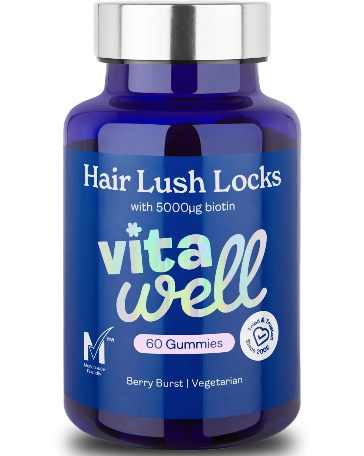 Vitawell Hair Lush Locks Gummies - Hair Growth + Skin + Nails Vitamins Chews | Complex Formula 5000µg Biotin + Zinc + Vitamin A, D3, C, B12 | 60 Berry Burst Flavour | Supplement for Men & Women