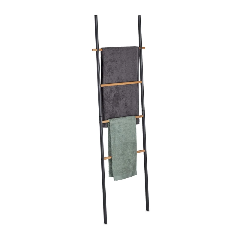 Relaxdays Towel Ladder, Wood & Metal, 4 Bars, for Towels & Clothes, to Lean Against Wall, HWD: 171x50x3 cm, Anthracite