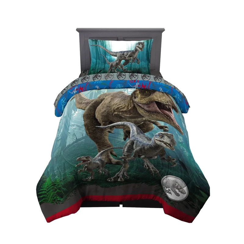 Franco Jurassic World Dominion Blue Velociraptor and Rexy T-Rex Super Soft Microfiber Reversible Comforter, Twin Size, Bedding Kids