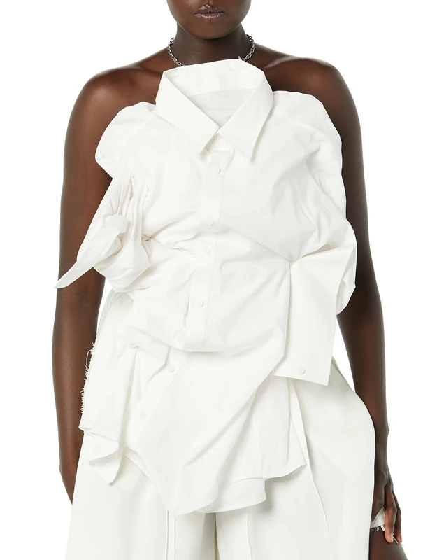 maison blanche All Gender Draped Button-Down Shirt, White, 4