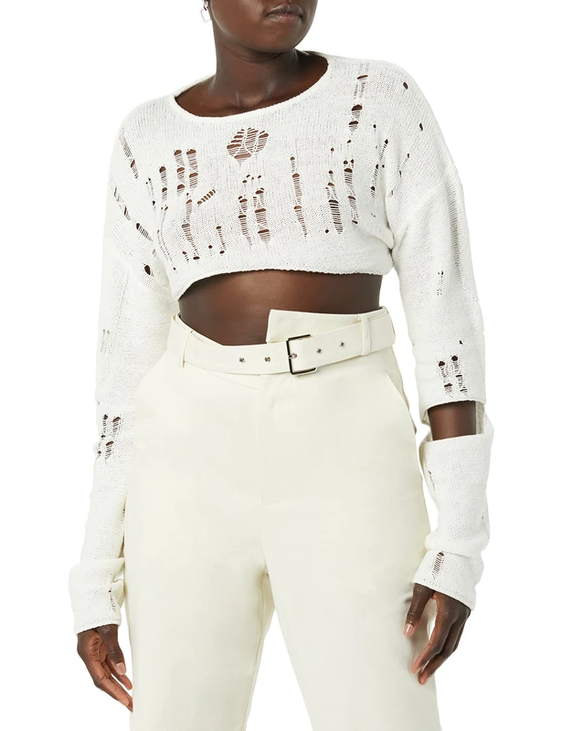 maison blanche All Gender Knitted Distressed Cropped Sweater, Coconut Milk, 6