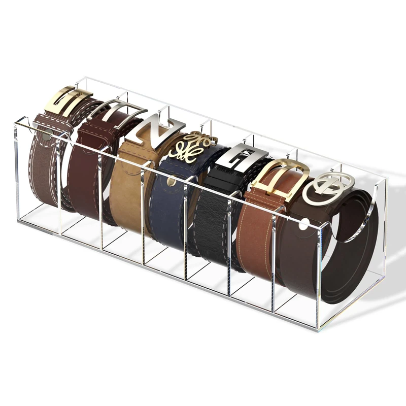 FEMELI Acrylic 7 Compartment Belt Organizer, Clear Belt Display Case for Closet Tie and Bow Tie