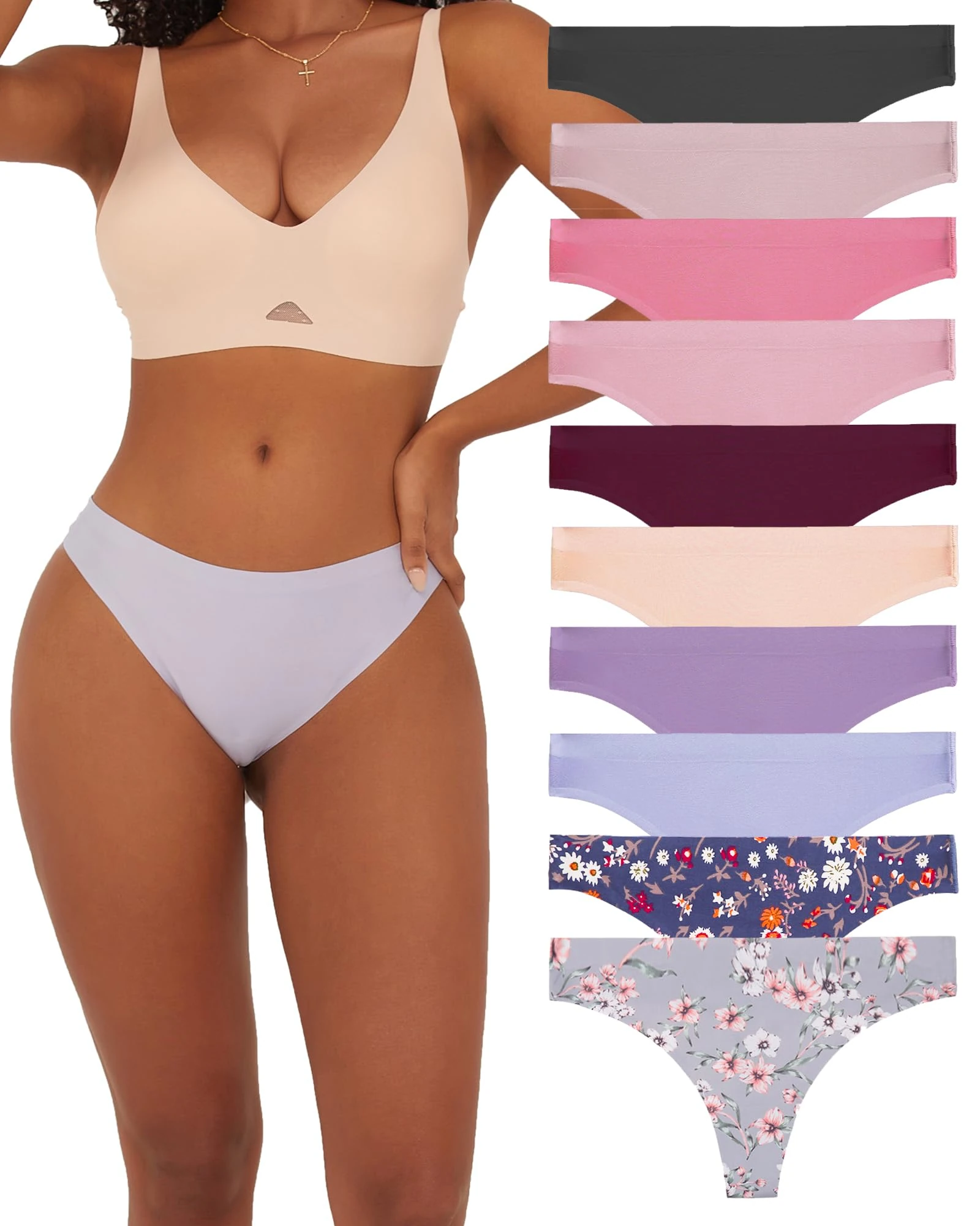 FINETOO Pack of 10 Women's Seamless G-Strings Seamless Briefs Panties Soft Hipster Underwear Women Underpants Thong Set Sexy Thong Comfortable Lingerie for Women Multicoloured XS - XL