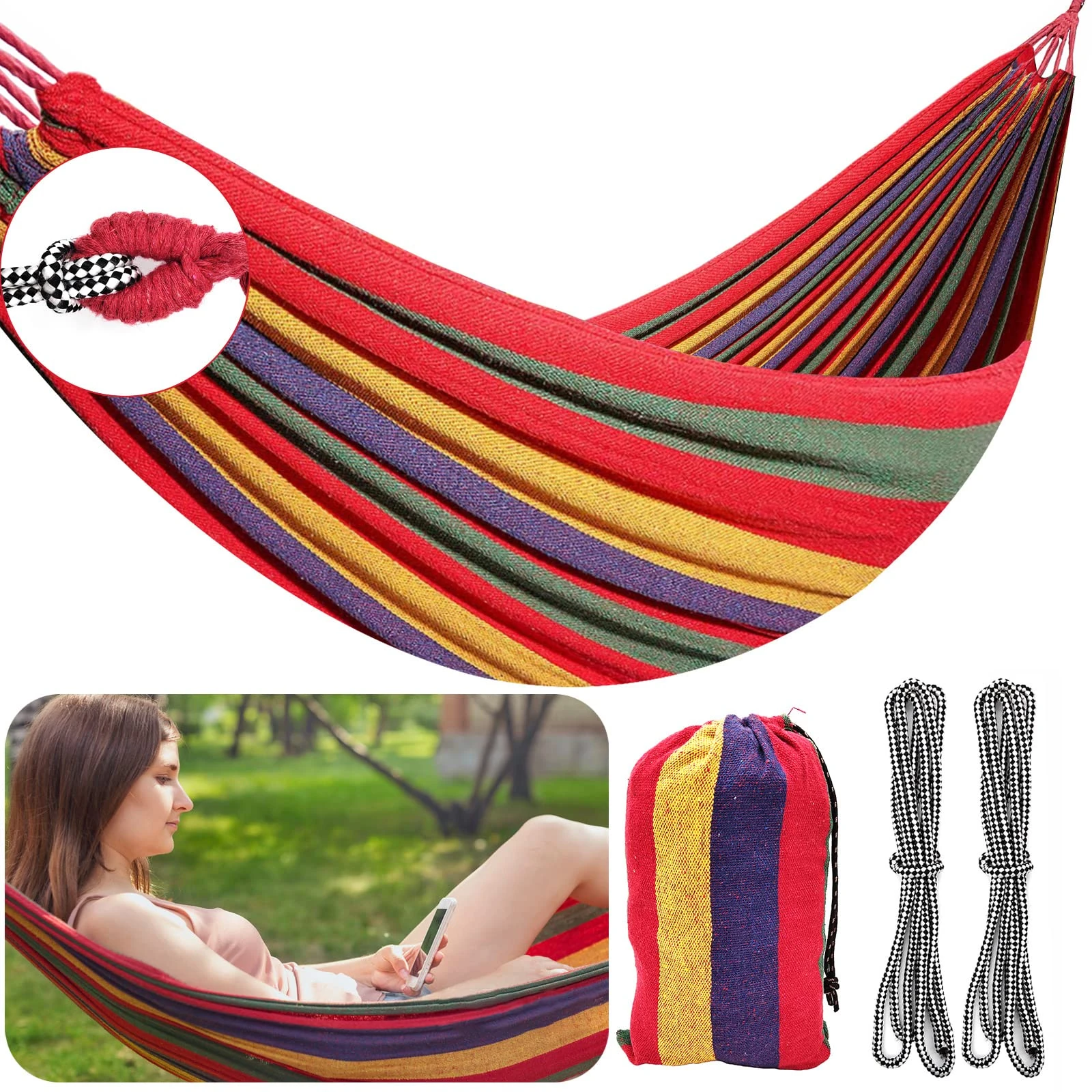 FORYNXHWIN Cotton Hammock - 190x100cm Outdoor Single Camping Portable Hammock with Travel Bag, Thickened Durable Canvas Fabric, Supports 150kg, Perfect for Garden, Camping, Patio, Balcony, and Indoor