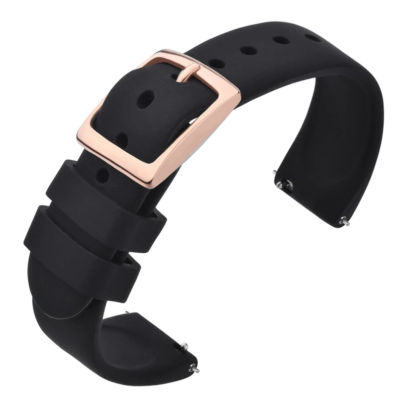 ANNEFIT Silicone Watch Straps, Quick Release Rubber Sport Band 18mm with Classic Rose Gold Clasp (Black)