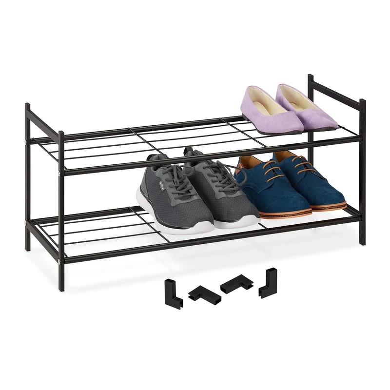 Relaxdays Metal Rack for Hallway, 2 Levels, Stackable, HWD 33.5 x 70 x 26 cm, 6 Pairs of Shoes, Open, Steel, Black