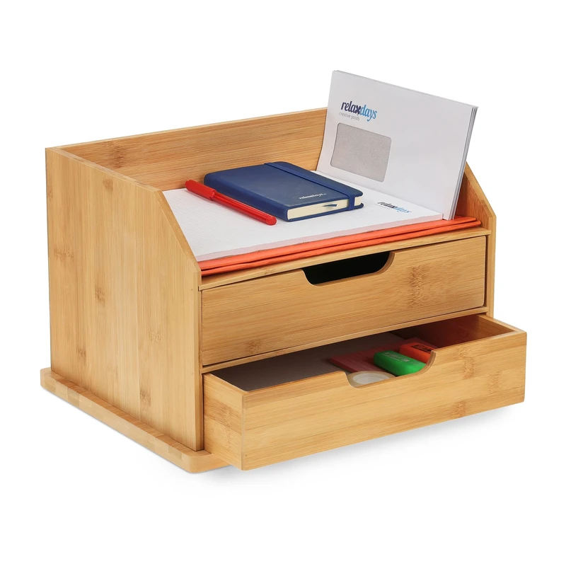 Relaxdays desk organizer, 2 drawers, office, shelf for letters & documents, HBT 24 x 36 x 28 cm, bamboo, natural, color - light brown