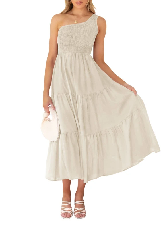 ZESICA Women's 2023 Bohemian Summer Floral Print One Shoulder Sleeveless Smocked Ruffle Tiered Beach Long Midi Dress, Beige, M