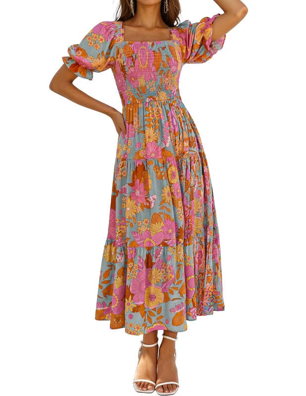 ZESICA Women's 2023 Summer Boho Floral Print Square Neck Ruffle Swing Beach Long Maxi Dress, Greygreen, XL