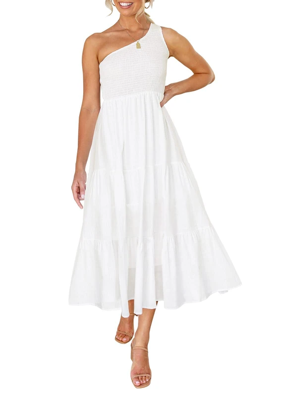 ZESICA Women's 2024 Bohemian Summer Floral Print One Shoulder Sleeveless Smocked Ruffle Tiered Beach Long Midi Dress, White, S