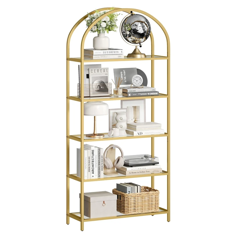 VASAGLE 5 Tier Shelf, Tempered Glass Shelving Unit, Arched Design, Steel Construction, for Living Room, Working Bathroom, Golden Color LGT050A01