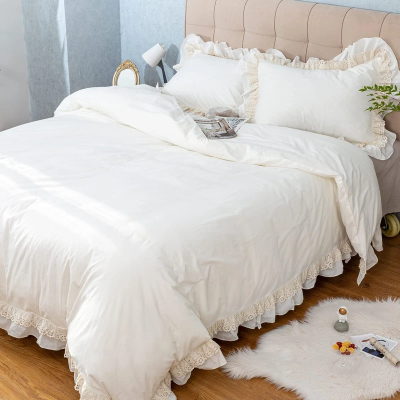 GLORY SEASON 100% Cotton Duvet Cover Set Ruffle Lace Edge Natural White Non-Dyestuff Ivory Washed All Season Comforter Cover Bedding Sets, Matching Shams, (Queen 90"x90")