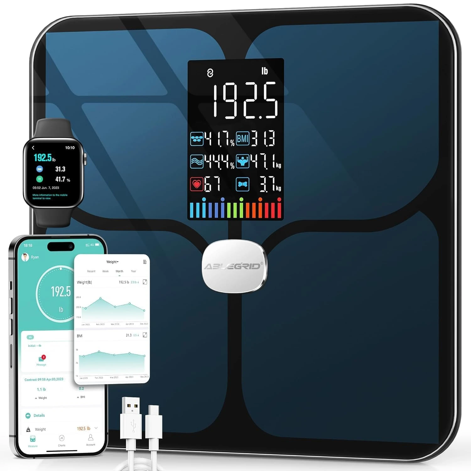 ABLEGRID Body Fat Scale,Digital Smart Bathroom Scale for Body Weight,Large Color Display Screen,16 Body Composition Metrics BMI,Water Weigh,Heart Rate,Baby Mode,400lb,Rechargeable