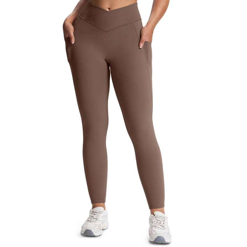 Aoxjox Trinity High Waisted Yoga Pants with Pockets for Women Tummy Control Cross-Waist Crossover Workout Leggings, A Fudge Coffee (V-Waistband), M