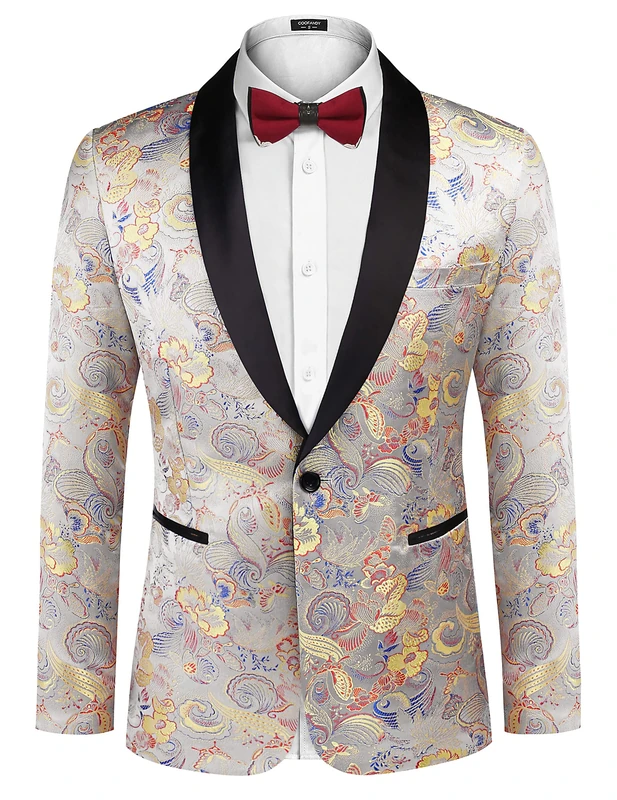 Coofandy Men's Floral Dress Suit Luxury Embroidered Wedding Blazer Dinner Tuxedo Jacket for Party, Luxury-Silver, M