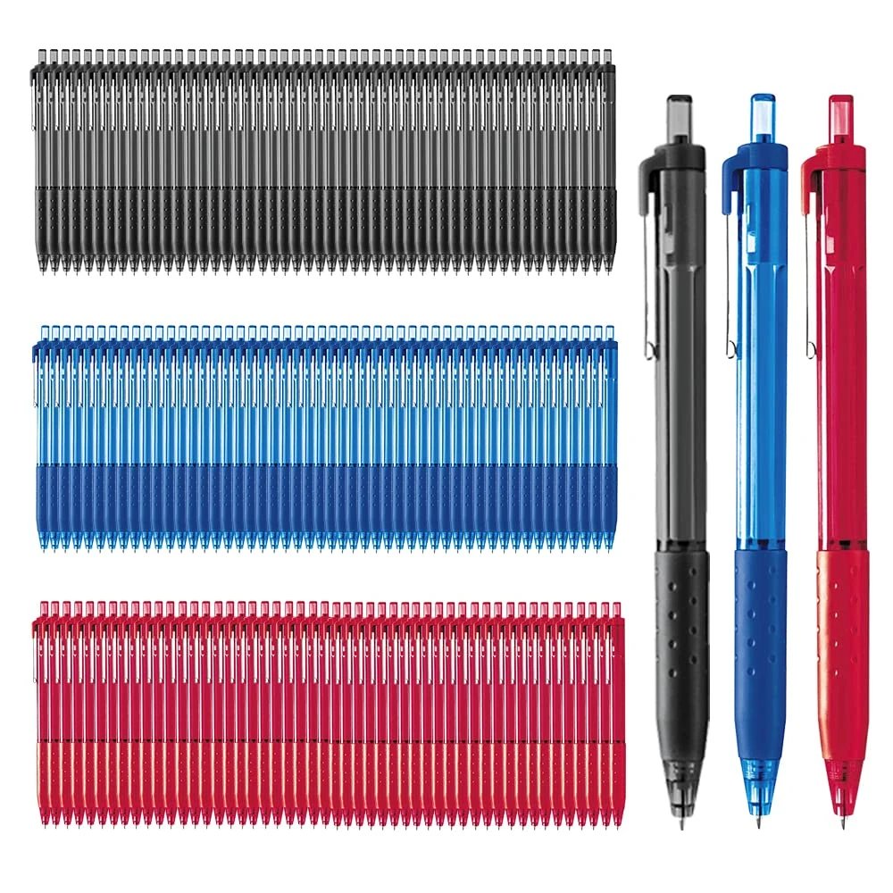 Ballpoint Pens 0.7mm Blue, Red & Black Ink Retractable Writing Pens Multipack Bulk x150 (50 Each Colour) (Model IJ300)