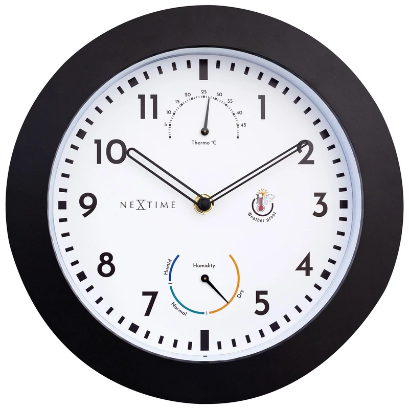 NeXtime Wall Clock (Garden/Inside) 25.5 cm Time/Temp/Humidity Black Plastic Daisy, One Size