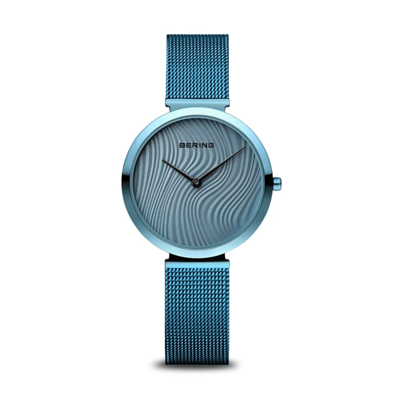 BERING Damen Quarz Uhr | Armbanduhr 32 mm blaues Edelstahlgehäuse und blaues Zifferblatt | Milanaisearmband | Saphierglas | 3 ATM | 18132-Charity2