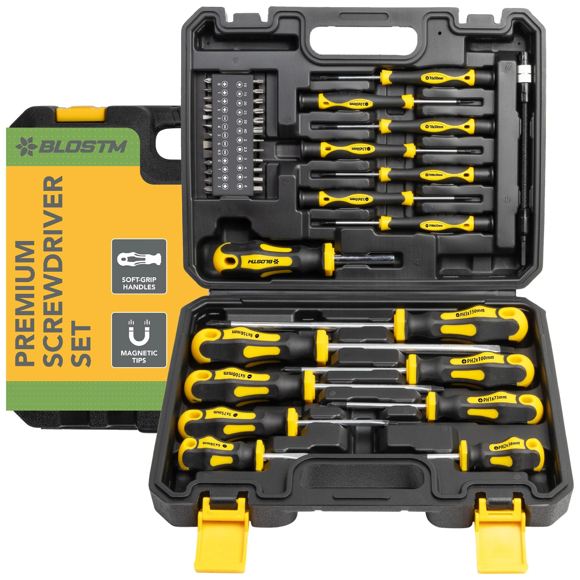 BLOSTM Premium Magnetic Screwdriver Set - 42pcs Screwdrivers with Magnetic Tips & Comfort Grip, Cross-Head, Flat Heads & Heavy Duty Storage Case - Precision Screwdriver Set - 42PCS