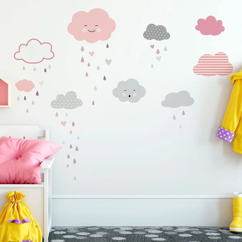 Children's Wall Stickers - Baby Room Decoration - Children's Wall Stickers - Scandinavian Wall Sticker - Clouds in a Rain of Hearts - H120 x L80 cm