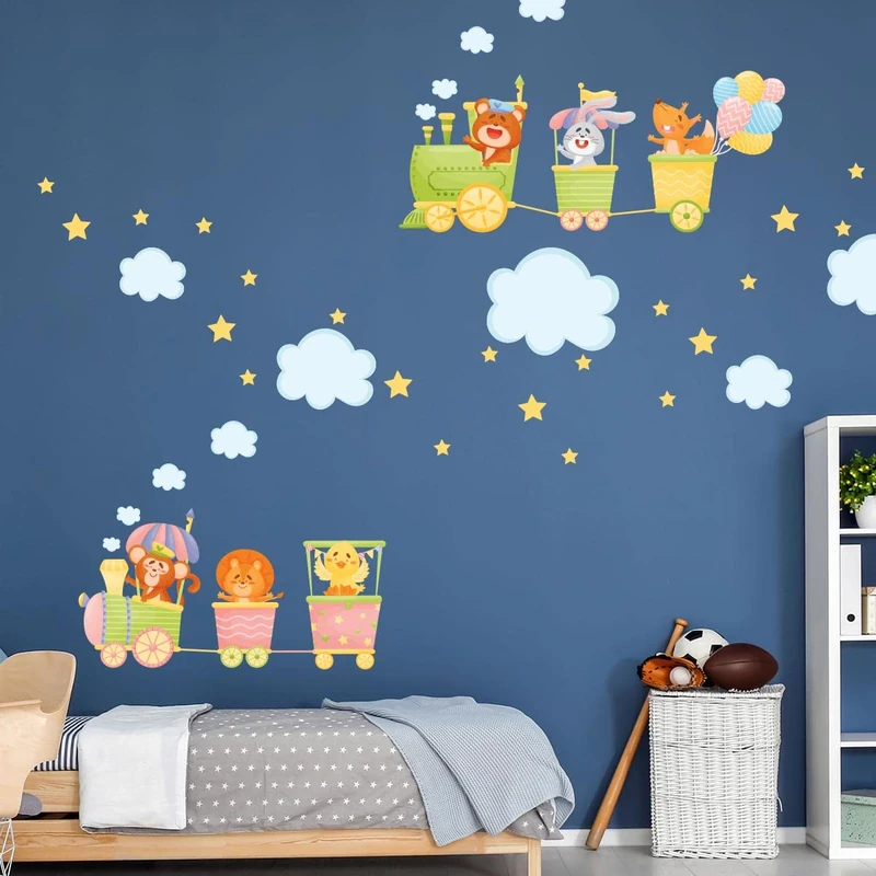 Children's Wall Stickers - Baby Room Decoration - Children's Wall Stickers - Scandinavian Wall Stickers - Animals on The Train - Height 120 x Length 180 cm