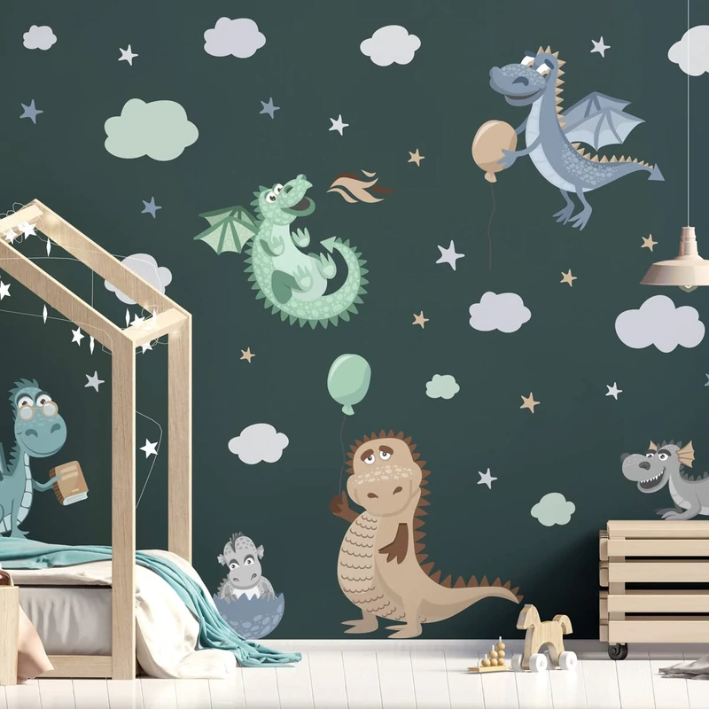 Children's Wall Stickers - Baby Room Decoration - Children's Wall Stickers - Scandinavian Wall Stickers - Funny Dinosaur Wall Stickers - H160 x L120 cm