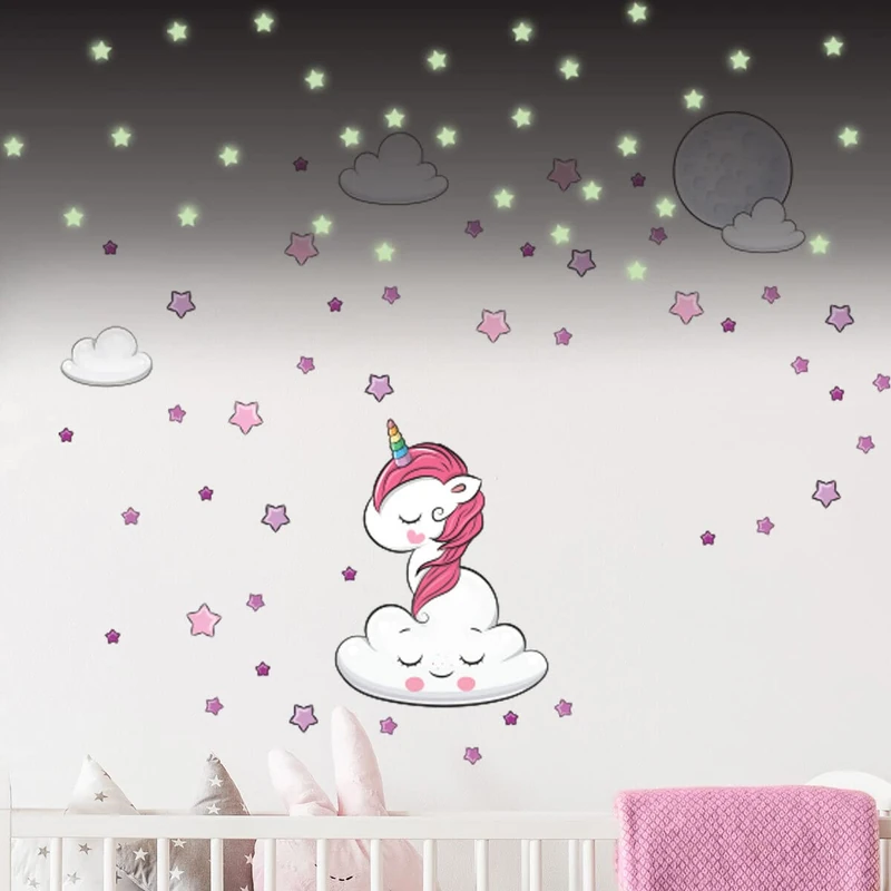 Children's Wall Stickers - Baby Room Decoration - Children's Wall Sticker - Dreamy Unicorn and 70 Stars (120 x 130 cm) + 100 Glow in The Dark Stars Stickers